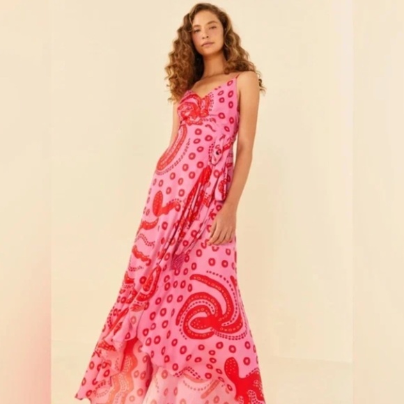 Farm Rio Octocool Wrap Dress Pink Red Octopus Beaded Maxi Dress - Size Small - Picture 2 of 16